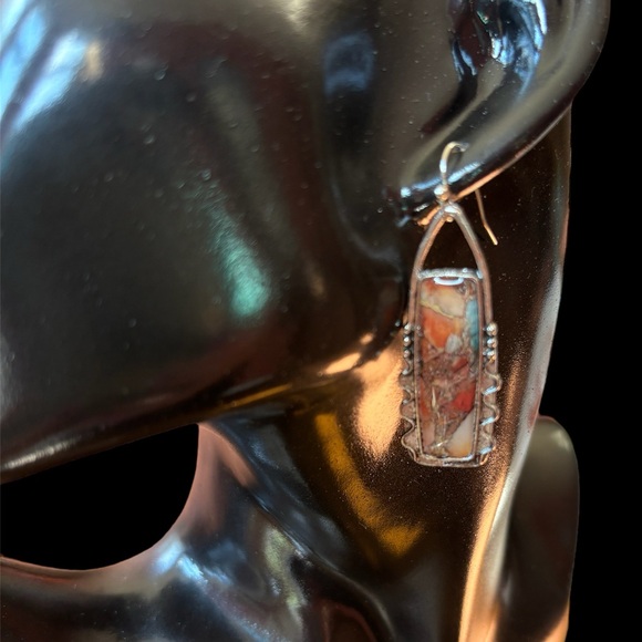 Boho western chic dangling antiqued silver multicolored mosaic earrings - Picture 3 of 6